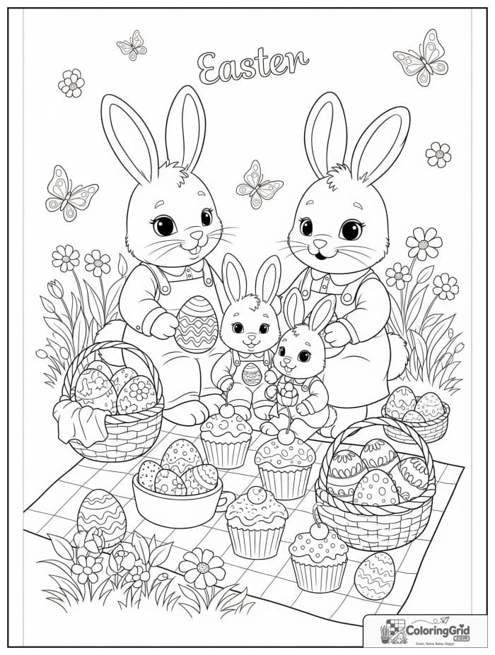 Bunny family having Easter picnic coloring page