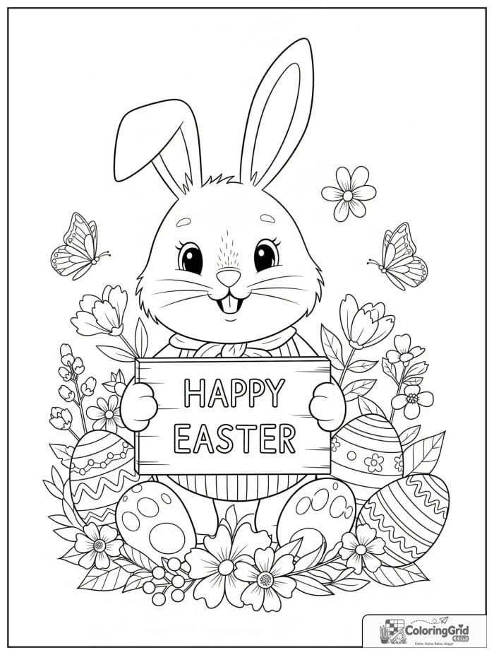 Bunny holding Happy Easter sign coloring page