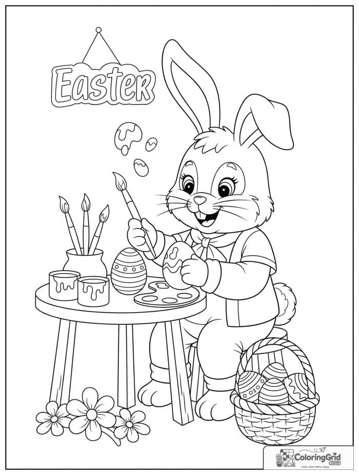 Bunny painting Easter eggs coloring page