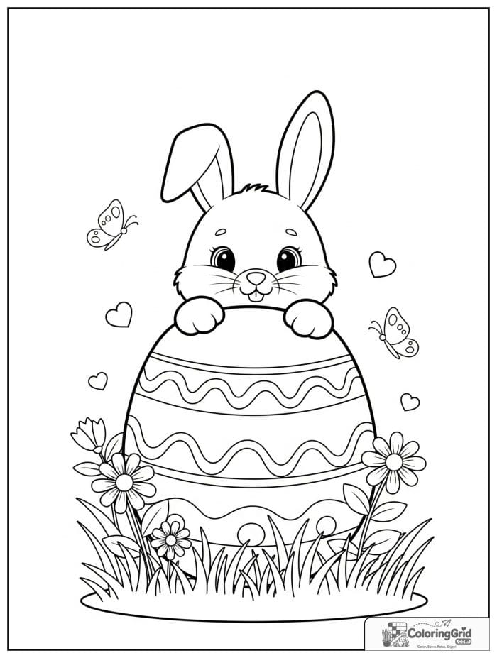 Bunny peeking behind giant Easter egg coloring page