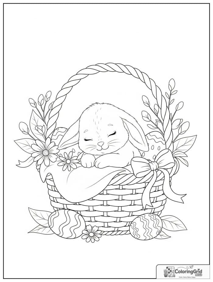 Bunny sleeping inside Easter basket coloring page