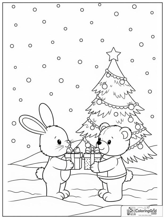 Bunny and teddy bear exchanging Christmas gifts coloring page