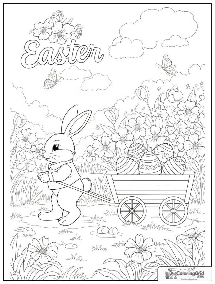 Bunny riding in wagon full of Easter eggs coloring page