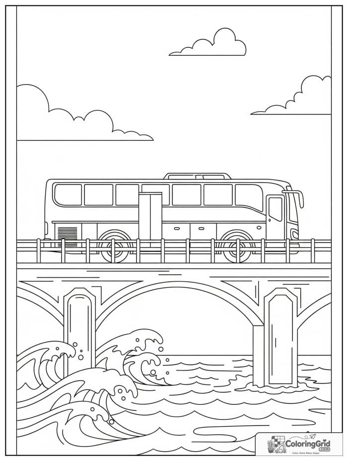Bus crossing a bridge for Bus Coloring Pages