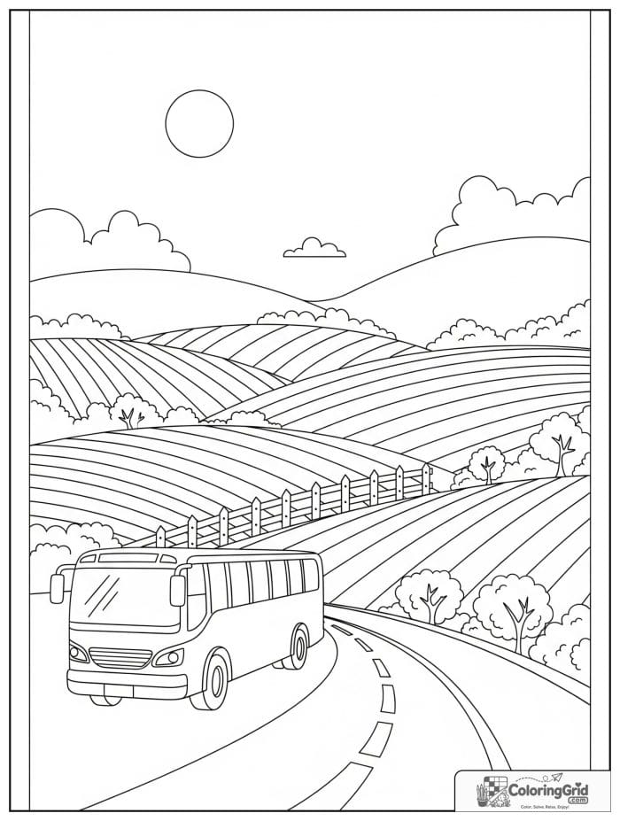 Bus driving through countryside for Bus Coloring Pages