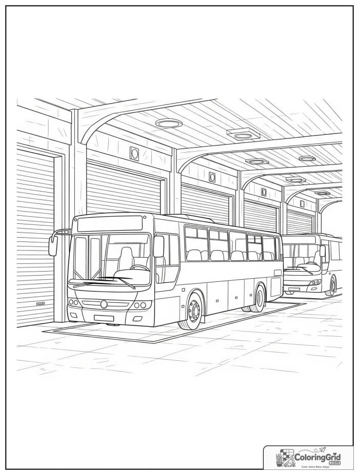 Bus parking depot scene for Bus Coloring Pages