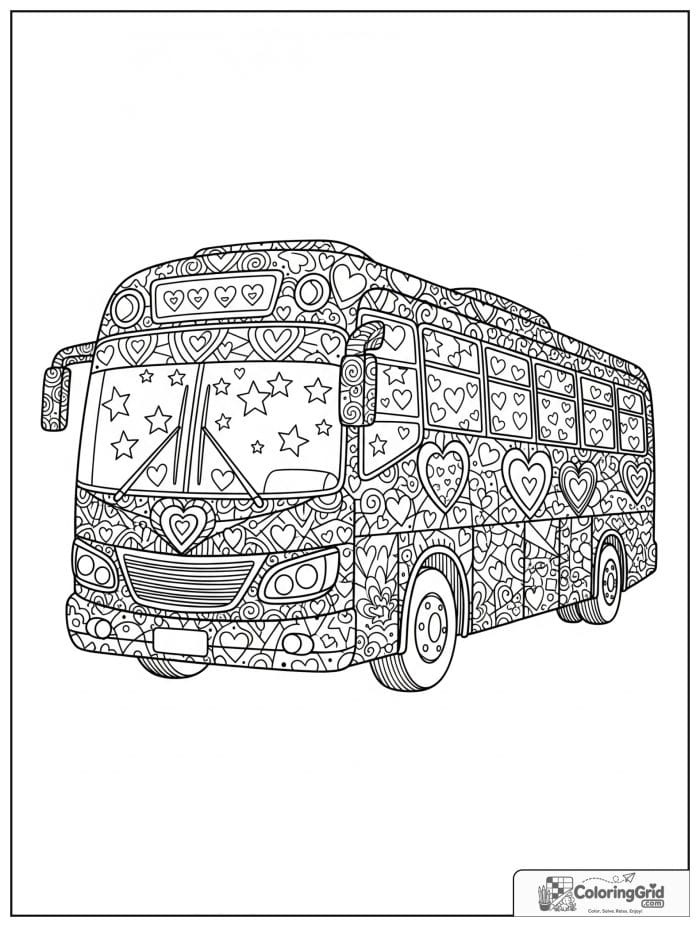 Decorative bus with hearts and stars for Bus Coloring Pages