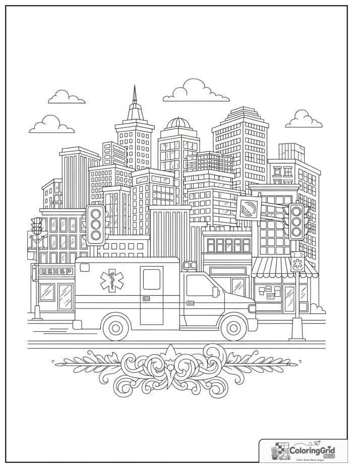 Ambulance in a busy city street scene
