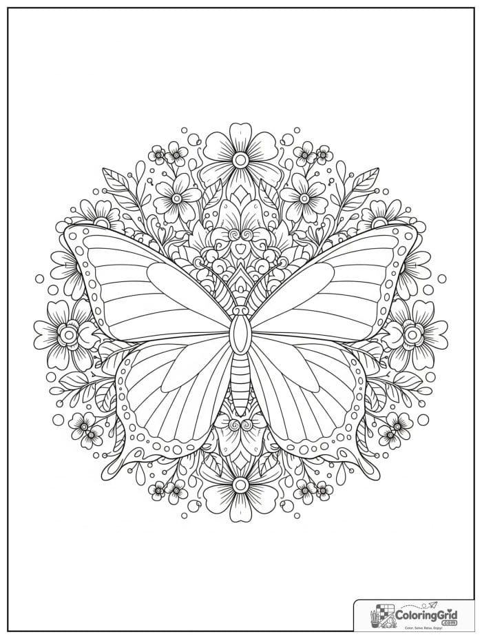 Butterfly animal mandala coloring page with circular wing patterns
