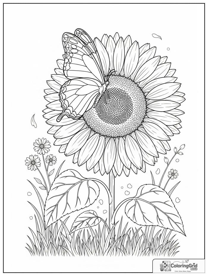 Butterfly resting on large sunflower coloring page