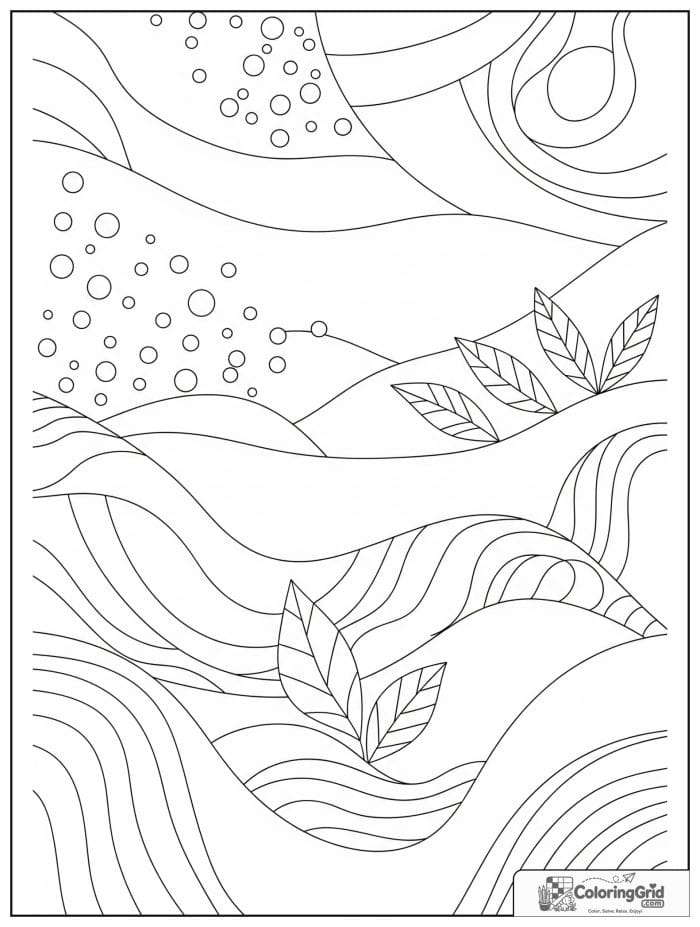Calming abstract zen coloring page with soft waves and leaves