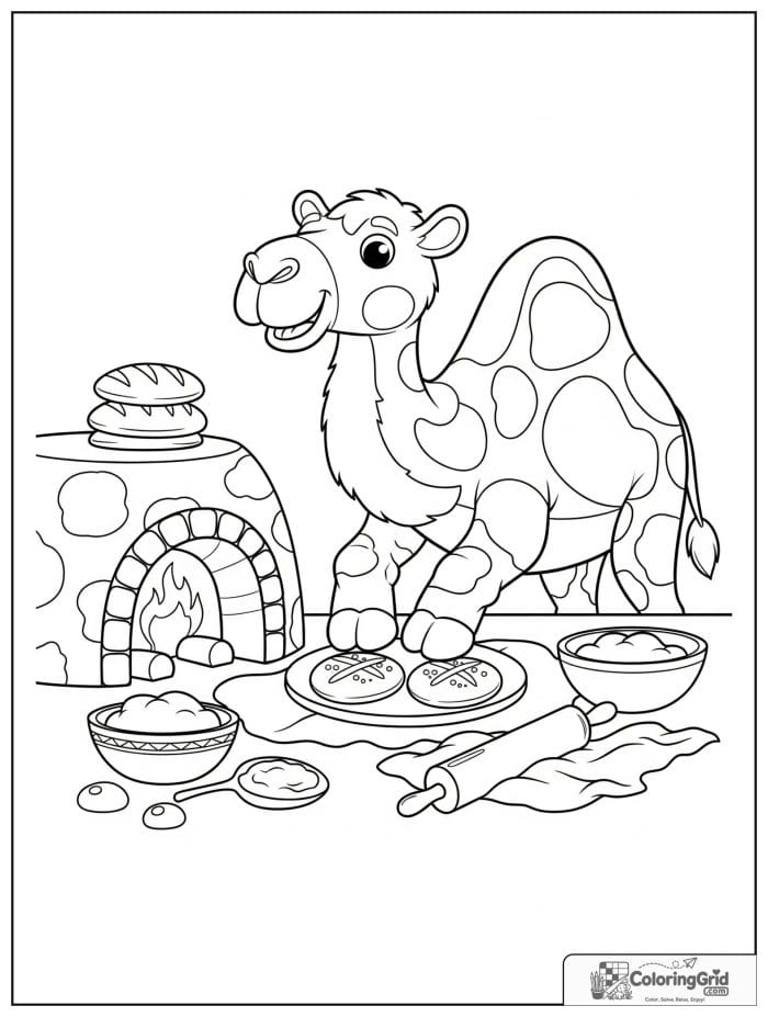 Happy camel baking round bread in a desert bakery with a clay oven, dough bowls, rolling pin, and stacked loaves.