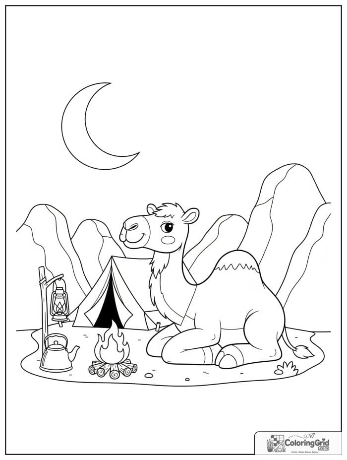 Brave camel camping beside a tent under a crescent moon with a campfire, lantern, kettle, and rocky hills.
