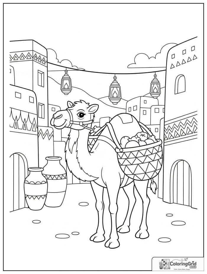 Helpful camel carrying market baskets through a desert village with clay houses, pottery jars, and lanterns.