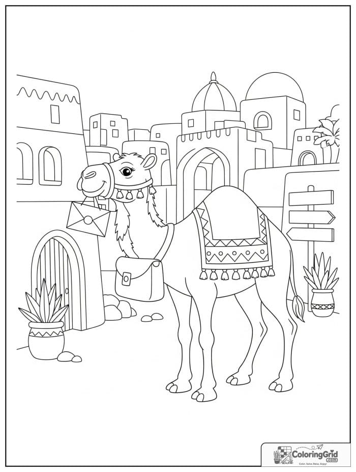 Helpful camel delivering letters through a desert village with a mail satchel, clay houses, arches, plants, and signposts.