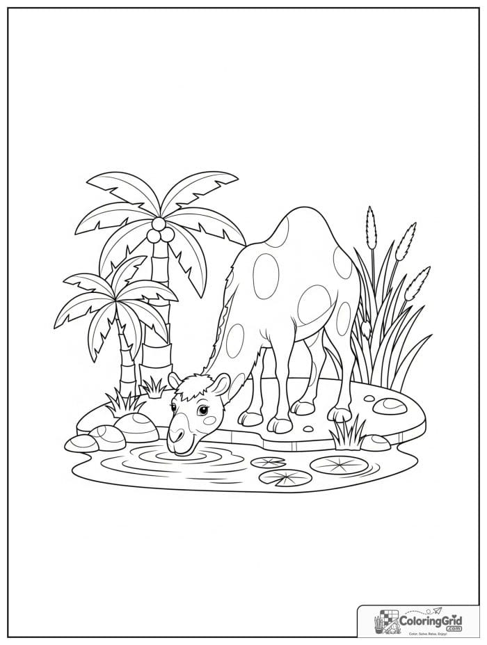 Happy camel drinking water at a desert oasis with palm trees, lily pads, stones, and grass.