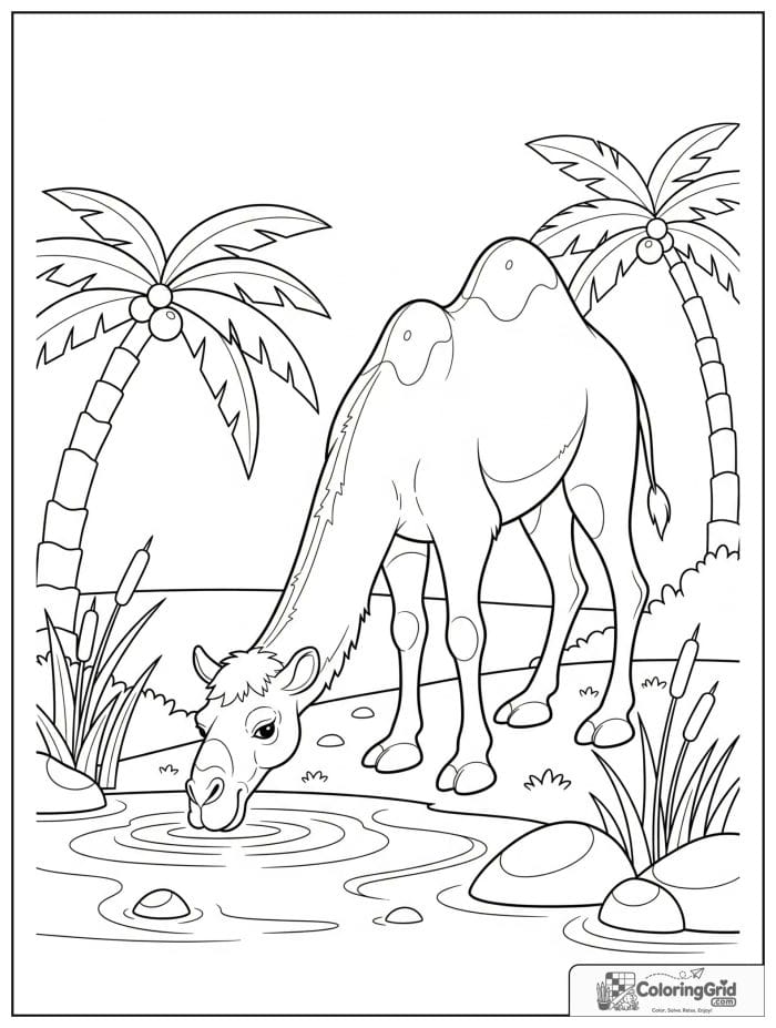 Thirsty camel drinking water at an oasis lake with palm trees, reeds, rocks, and ripples.