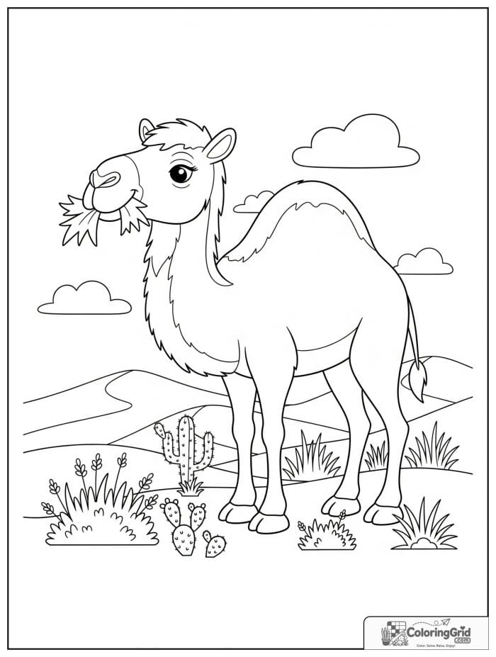 Hungry camel eating desert shrubs with dry grasses, cactus plants, dunes, and little clouds.