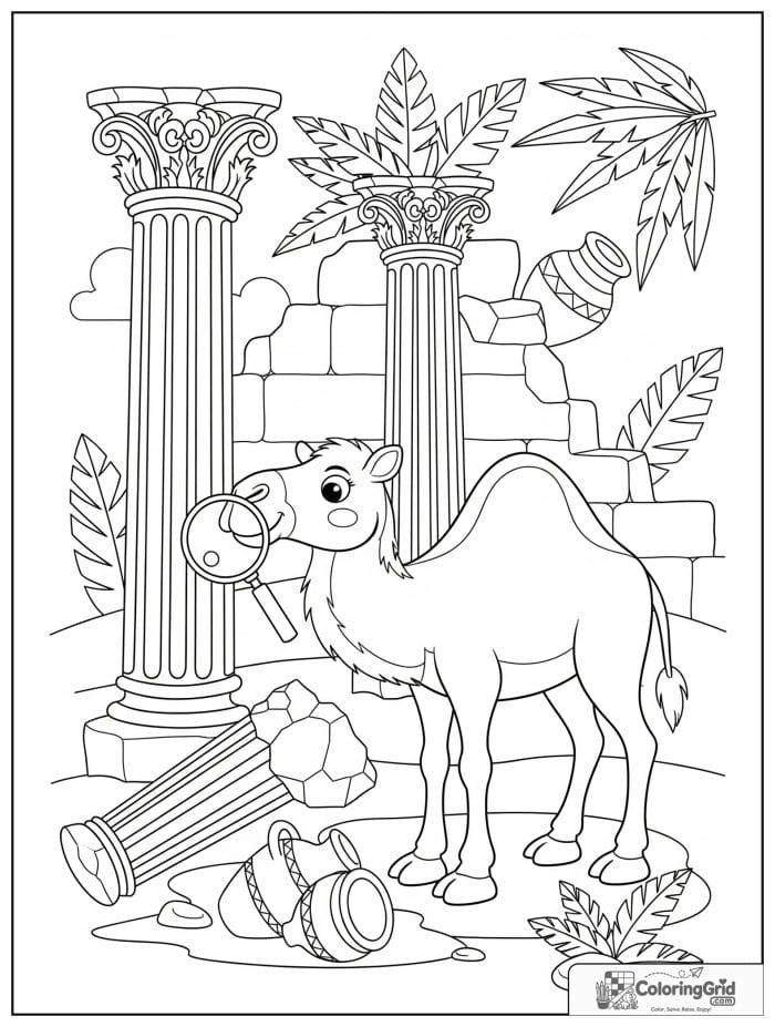 Curious camel exploring ancient desert ruins with a magnifying glass, broken columns, stone steps, pottery, and palm leaves.
