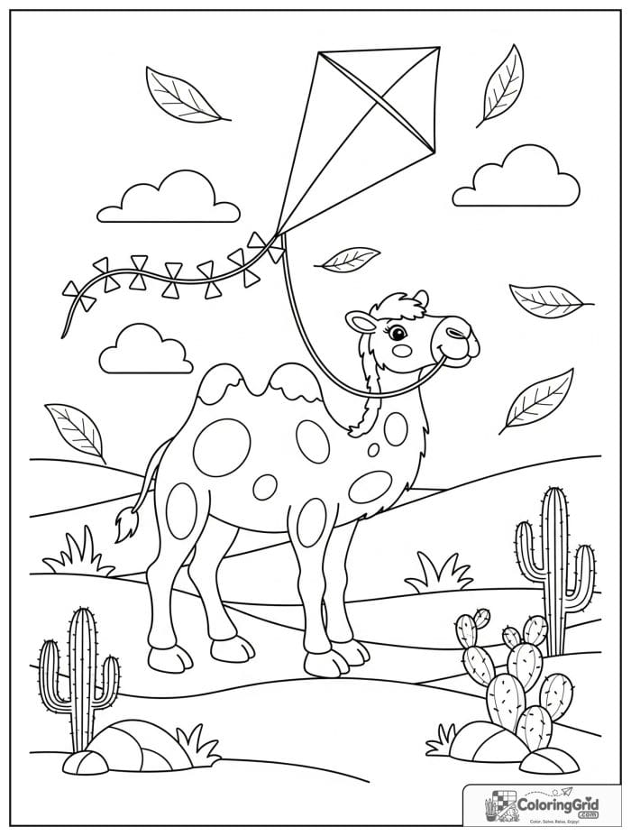Playful camel flying a big kite across desert dunes with leaves, clouds, rocks, and cactus plants.