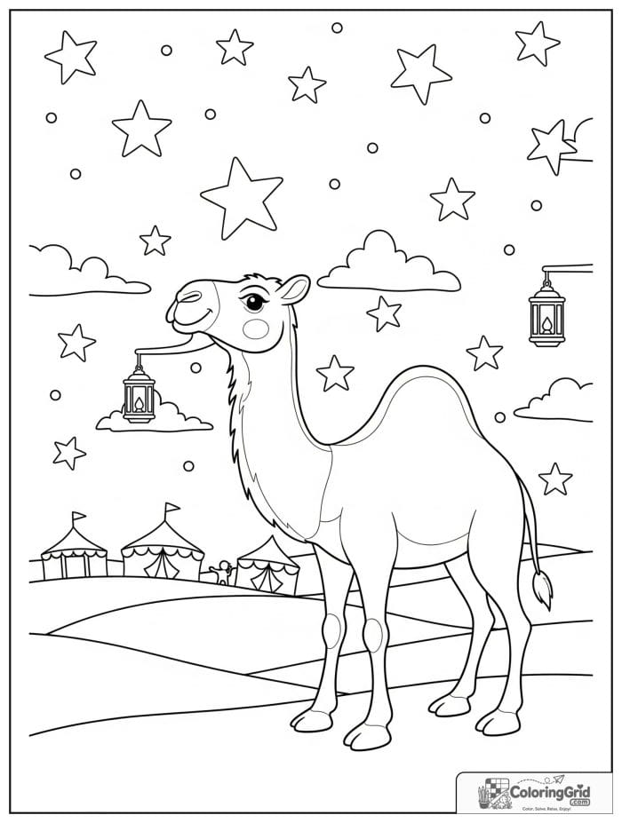 Brave camel following a desert caravan with tents, lanterns, stars, and rolling sand dunes.
