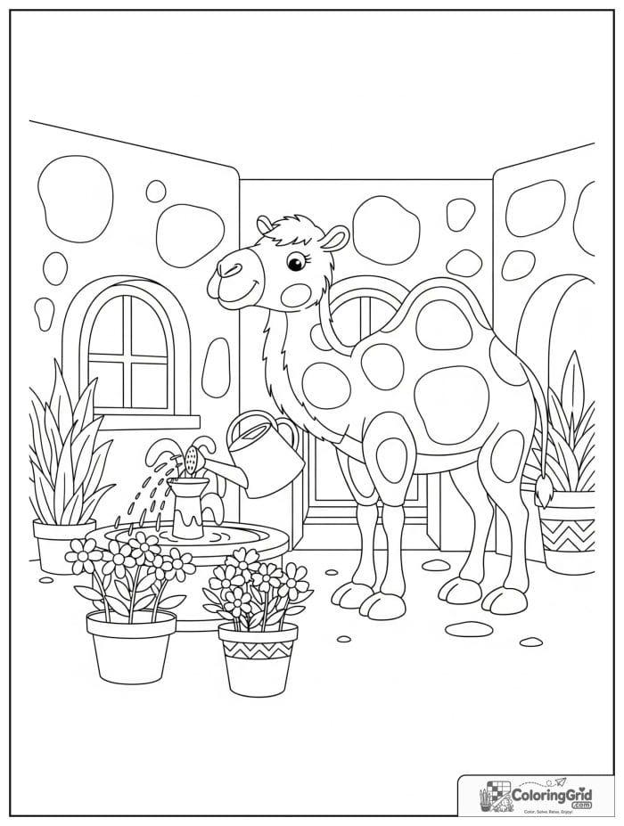 Cheerful camel watering flowers in a desert courtyard with flower pots, leafy plants, a watering can, and a fountain.
