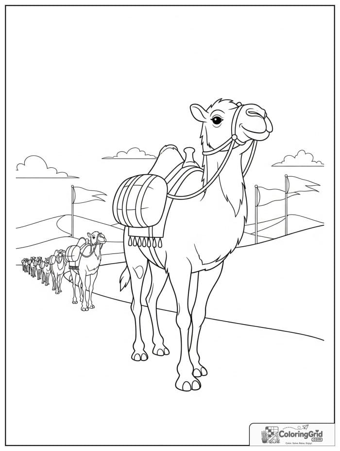 Strong camel leading a desert caravan with pack bundles, distant camels, dunes, and fluttering flags.