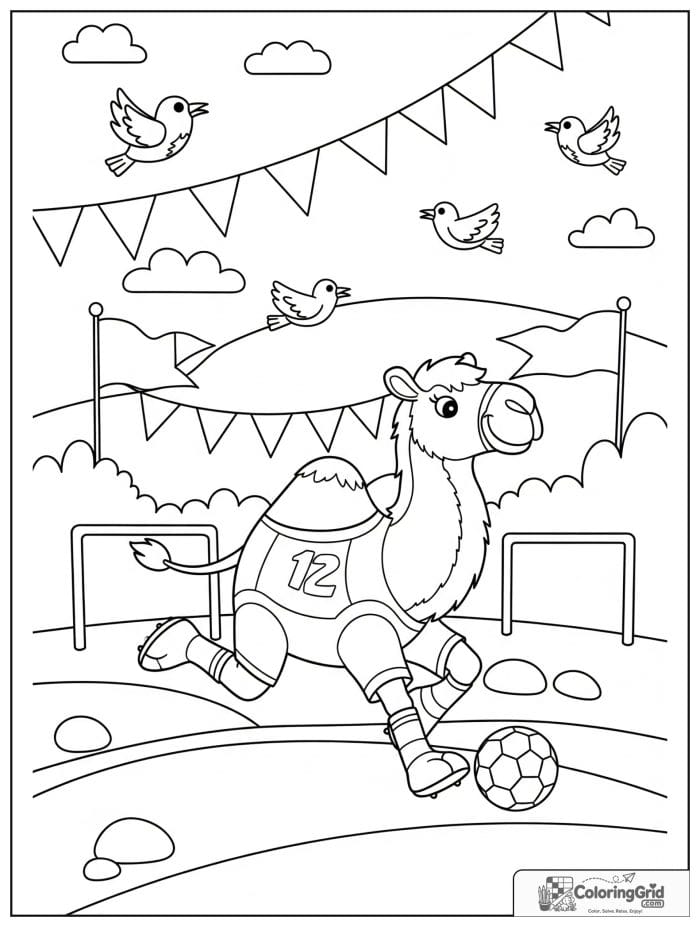 Sporty camel kicking a soccer ball on a desert field with goal posts, pennant flags, stones, and cheering birds.