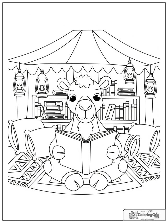 Curious camel reading a big book inside a cozy desert tent library with pillows, stacked books, lanterns, and rugs.