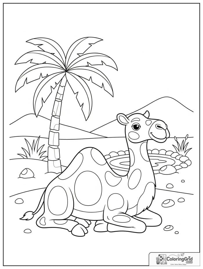 Relaxed camel resting on the sand beside a palm tree with a small pond, pebbles, and desert hills.