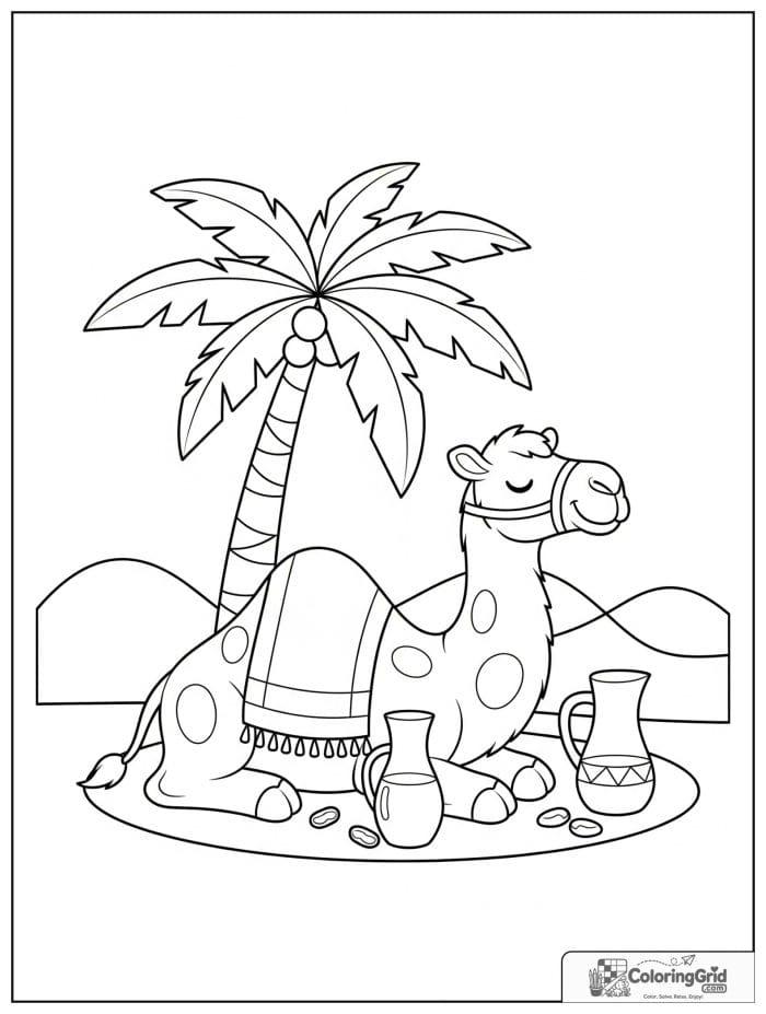 Sleepy camel resting under a palm tree with a blanket, water jug, dates, and desert hills.