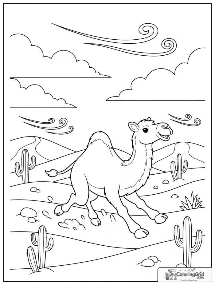 Lively camel running over open sand dunes with wind swirls, stones, cactus plants, and a wide sky.