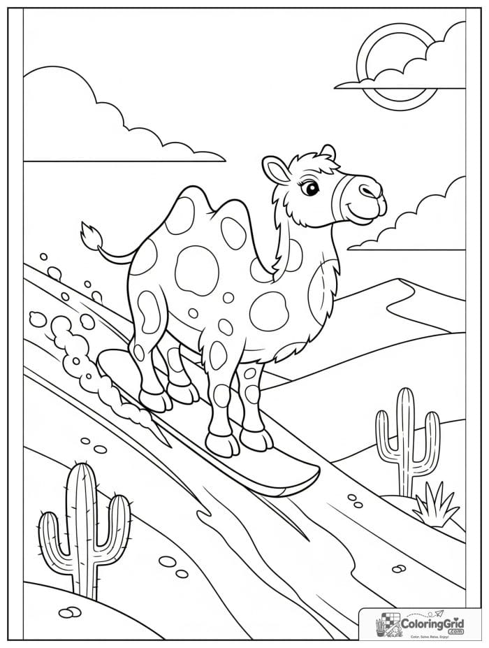 Playful camel sandboarding down a tall dune with a board, swirling sand, cactus plants, and a bright sky.
