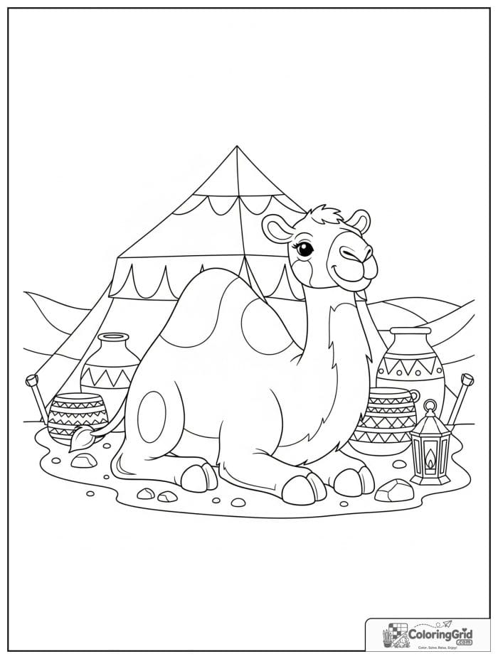 Peaceful camel sitting near a desert tent with water jars, woven baskets, a lantern, and rocky sand.