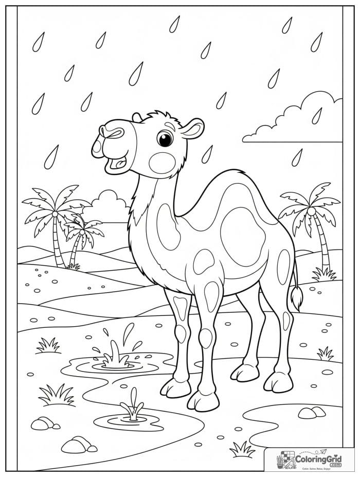 Surprised camel standing in a light desert rain with raindrops, puddles, palm trees, and sandy hills.