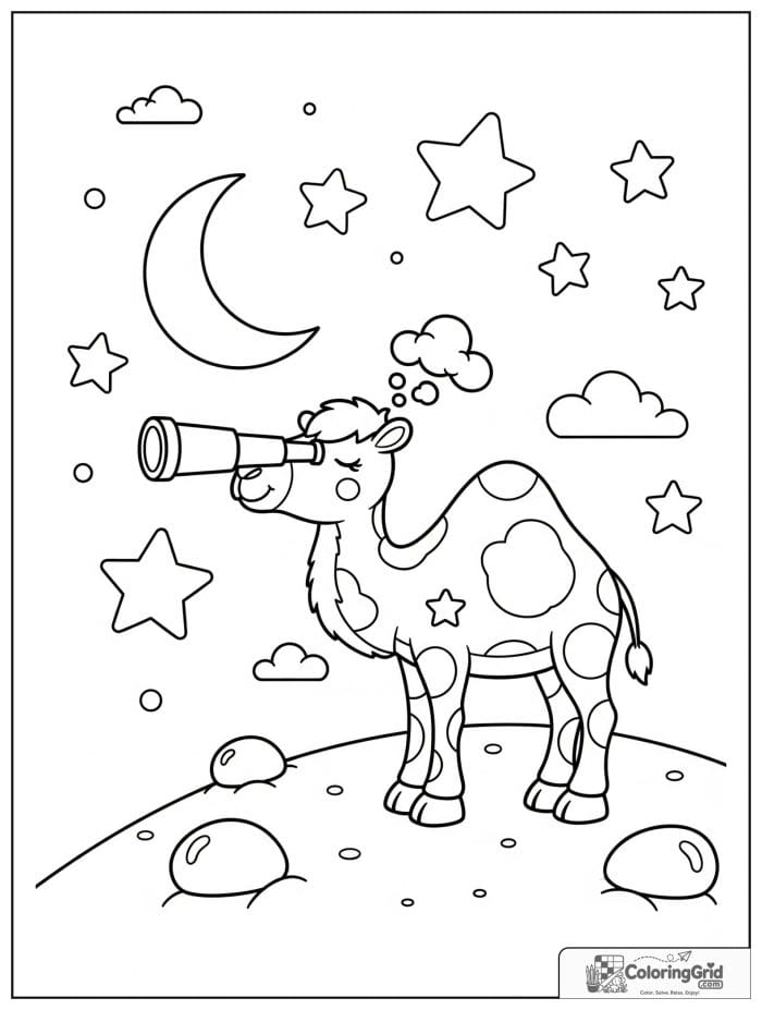Dreamy camel looking through a telescope on a sandy hill with stars, a crescent moon, clouds, and rocks.