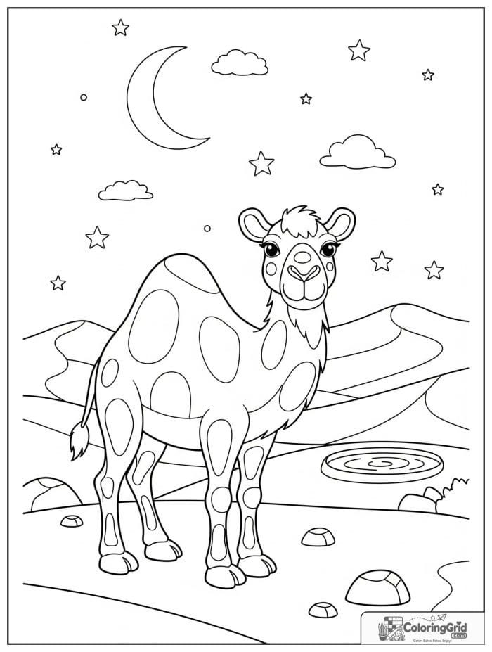 Quiet camel standing under a starry desert night with a crescent moon, smooth dunes, rocks, and a small oasis.