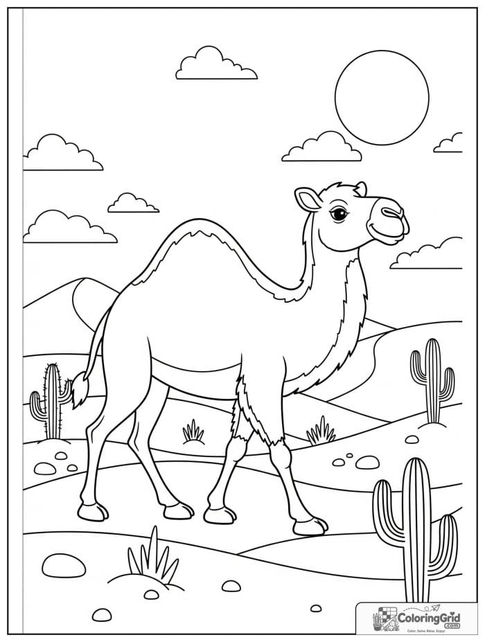 Calm camel walking across wide desert sand dunes with cactus plants, stones, and a bright sun.