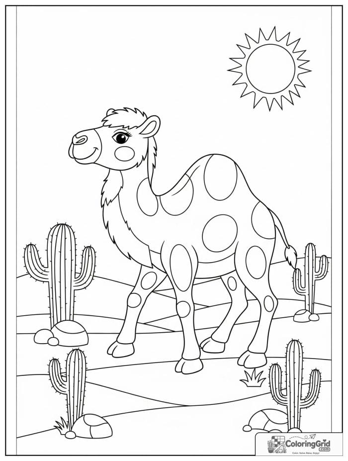 Cheerful camel walking across desert dunes with cactus plants, rocks, and a bright sun.