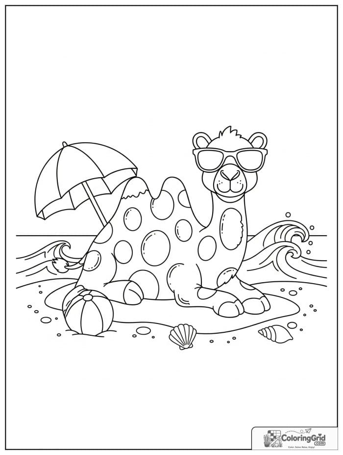 Cool camel wearing sunglasses on a sandy beach with an umbrella, seashells, beach ball, and waves.