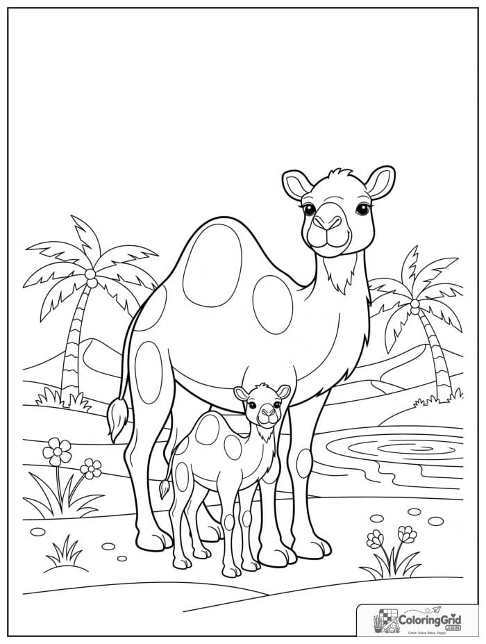 Gentle mother camel standing beside her baby calf in a sandy desert with palm trees, dunes, and oasis flowers.