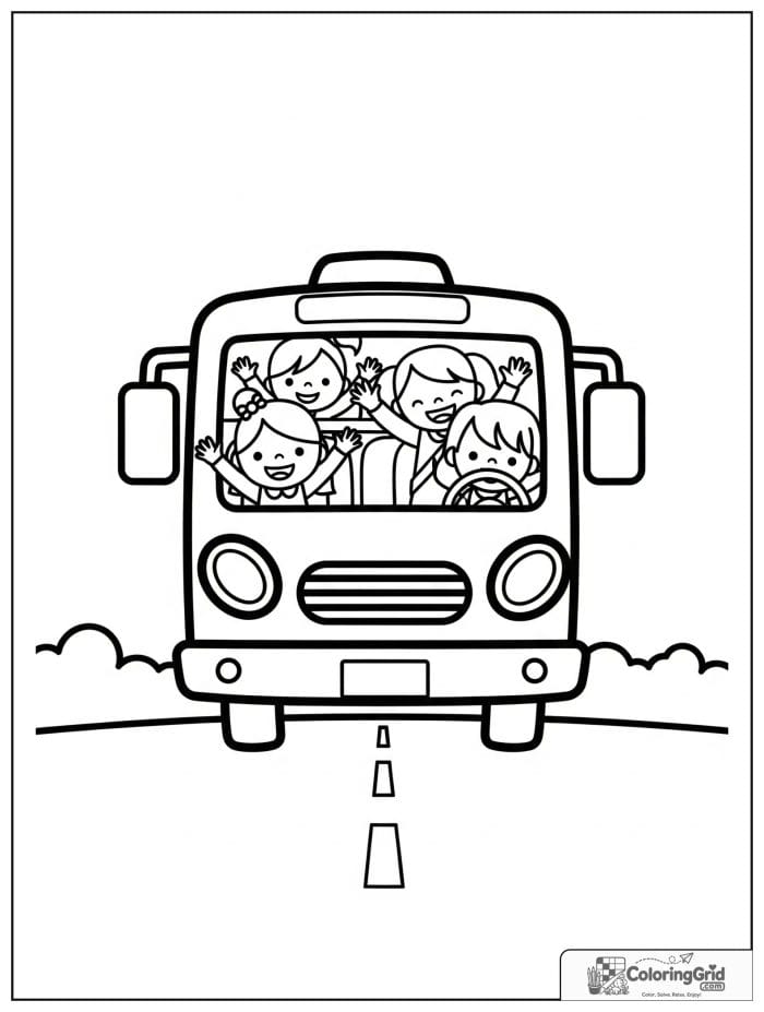 Cartoon bus with children waving for Bus Coloring Pages
