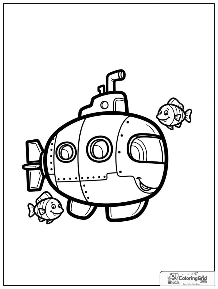 Cartoon submarine vehicle with smiling fish coloring page