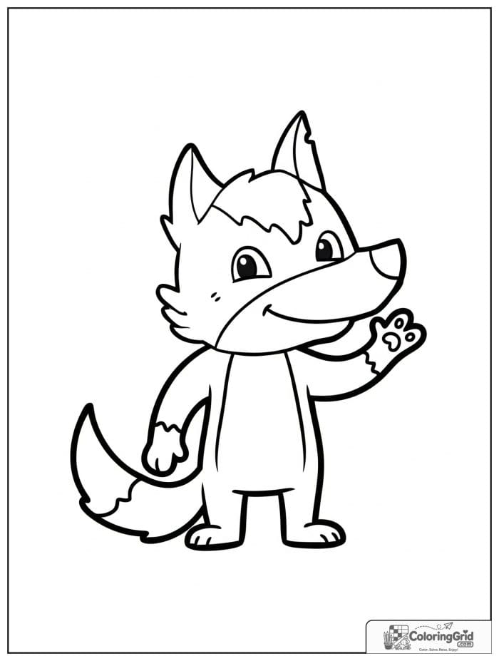 Cartoon wolf waving hello.