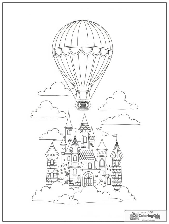 Castle view hot air balloon coloring sheet