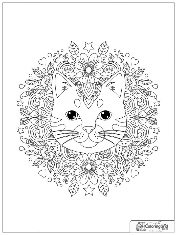 Cute cat animal mandala coloring page with flowers and hearts