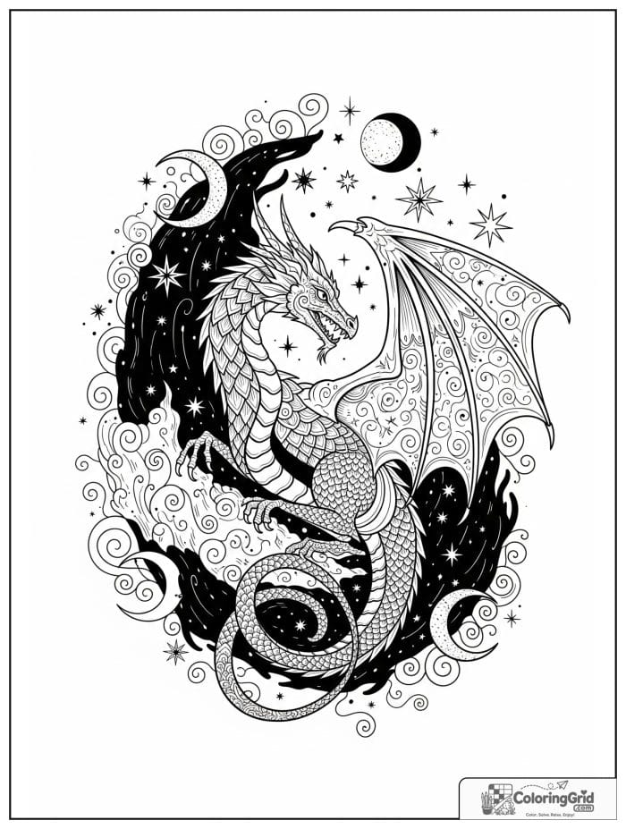 Celestial dragon with stars and moon coloring sheet