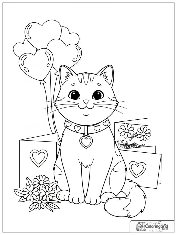 Cheerful cat wearing heart collar Valentine's Day coloring page