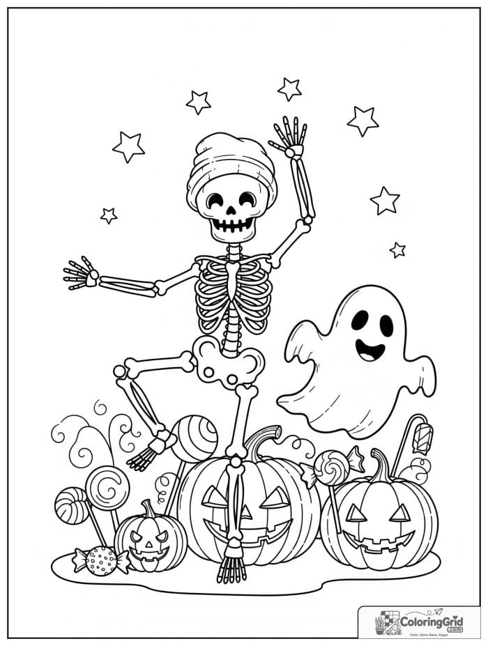 Cheerful skeleton dancing Halloween coloring page