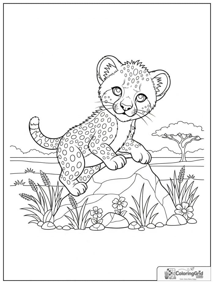 A young cheetah cub climbing a small rock with grass, pebbles, wildflowers, and savanna.